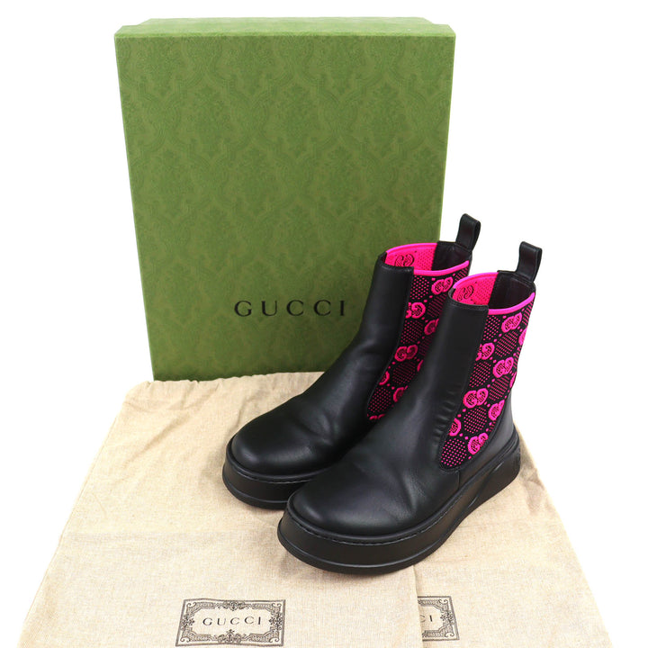 美品△GUCCI グッチ 718718 ロゴ GGジャージー サイドゴア アンクルブーツ ショートブーツ ブラック ピンク 35.5 伊製 箱・保存袋付き