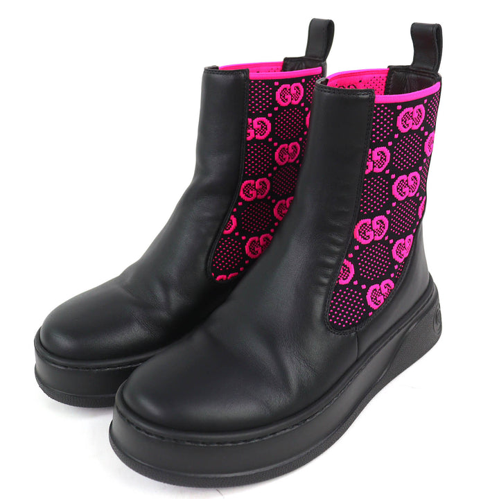 美品△GUCCI グッチ 718718 ロゴ GGジャージー サイドゴア アンクルブーツ ショートブーツ ブラック ピンク 35.5 伊製 箱・保存袋付き