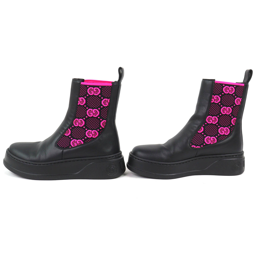 美品△GUCCI グッチ 718718 ロゴ GGジャージー サイドゴア アンクルブーツ ショートブーツ ブラック ピンク 35.5 伊製 箱・保存袋付き