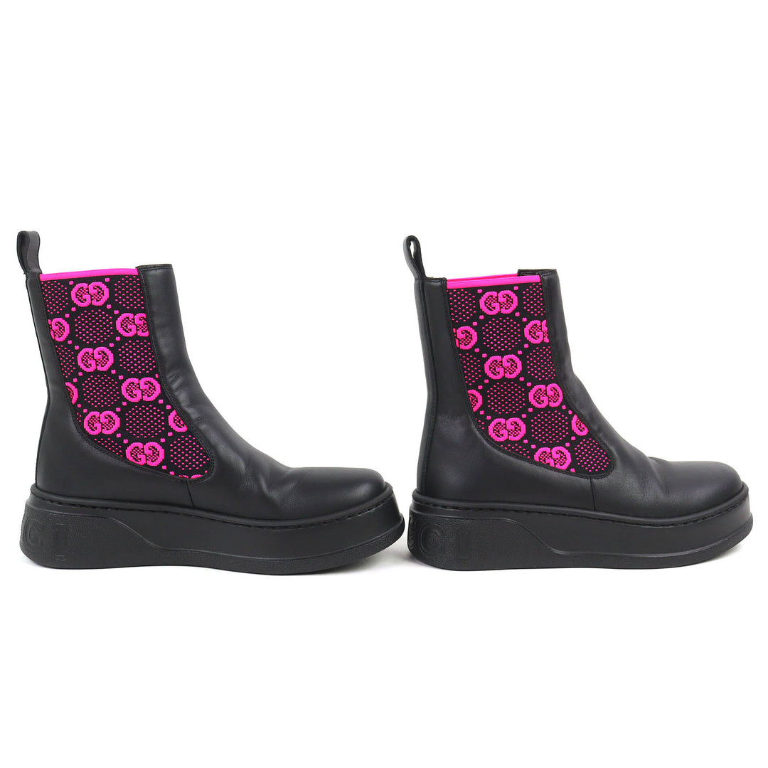 美品△GUCCI グッチ 718718 ロゴ GGジャージー サイドゴア アンクルブーツ ショートブーツ ブラック ピンク 35.5 伊製 箱・保存袋付き