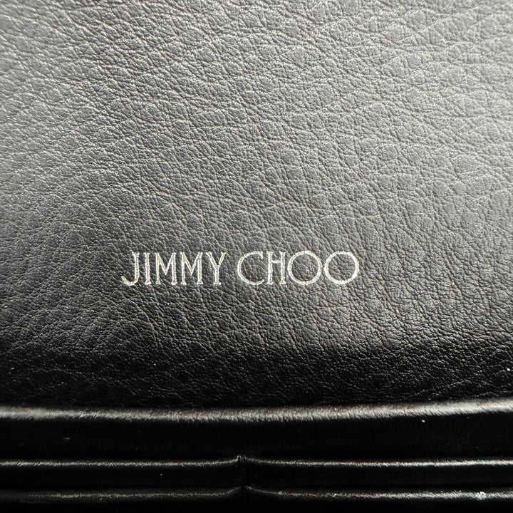 極美品◇JIMMY CHOO ジミーチュウ ラインストーン チェーンストラップ付き レザー ショルダーウォレット 長財布 ブラック 箱・保存袋付き