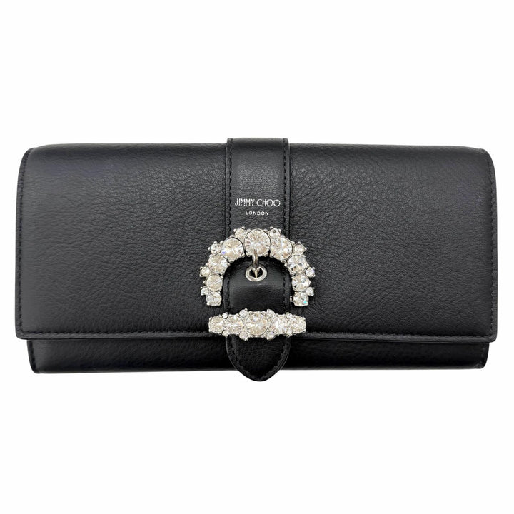 極美品◇JIMMY CHOO ジミーチュウ ラインストーン チェーンストラップ付き レザー ショルダーウォレット 長財布 ブラック 箱・保存袋付き