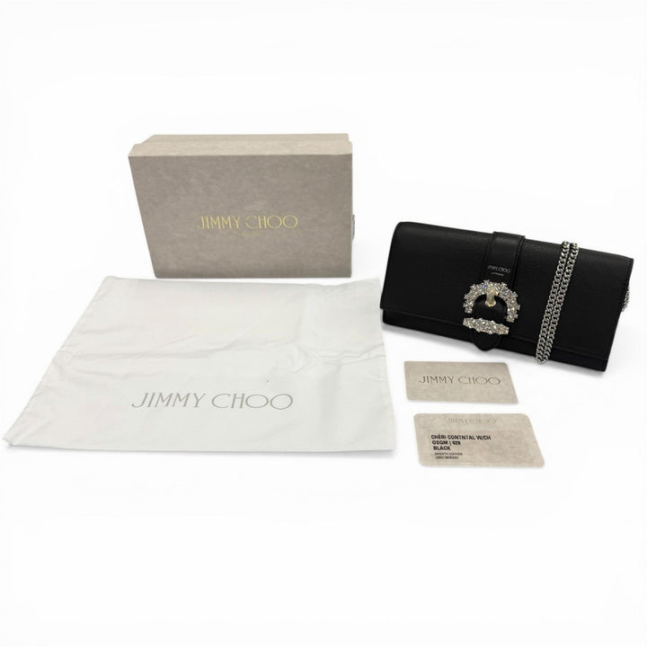 極美品◇JIMMY CHOO ジミーチュウ ラインストーン チェーンストラップ付き レザー ショルダーウォレット 長財布 ブラック 箱・保存袋付き