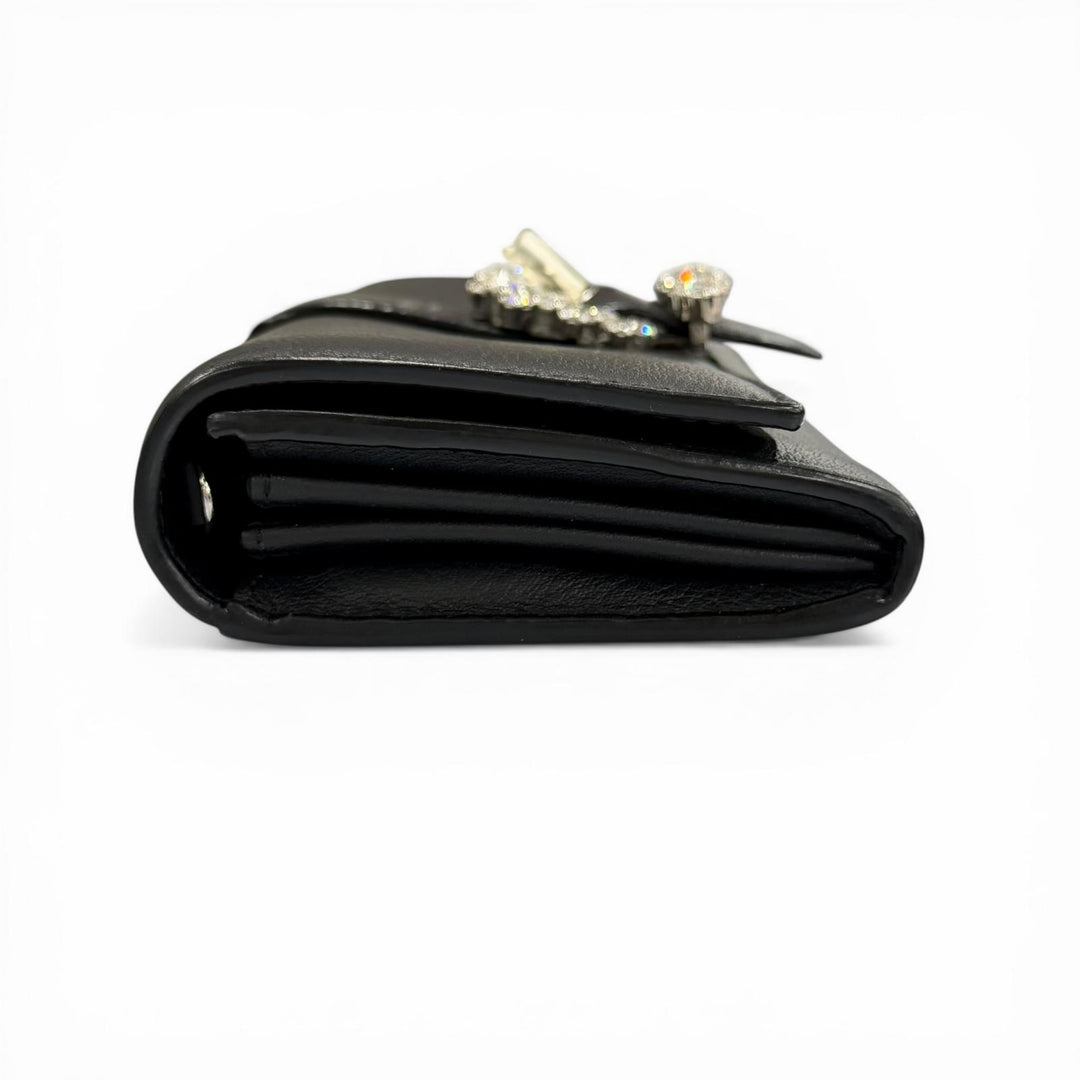極美品◇JIMMY CHOO ジミーチュウ ラインストーン チェーンストラップ付き レザー ショルダーウォレット 長財布 ブラック 箱・保存袋付き