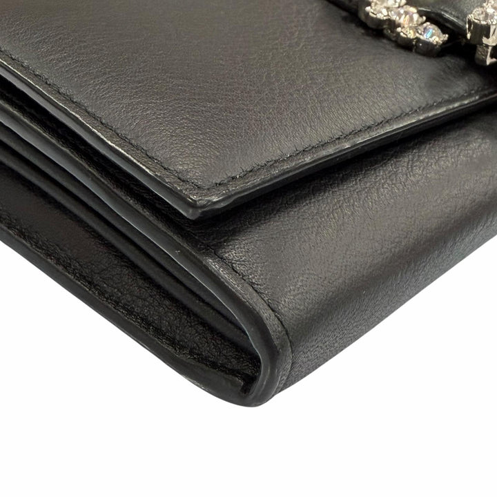 極美品◇JIMMY CHOO ジミーチュウ ラインストーン チェーンストラップ付き レザー ショルダーウォレット 長財布 ブラック 箱・保存袋付き