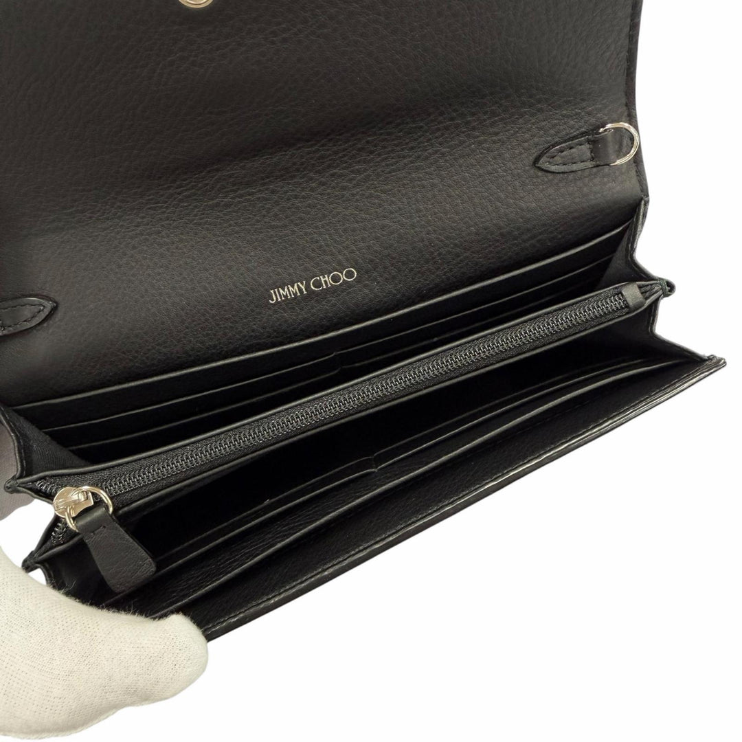 極美品◇JIMMY CHOO ジミーチュウ ラインストーン チェーンストラップ付き レザー ショルダーウォレット 長財布 ブラック 箱・保存袋付き