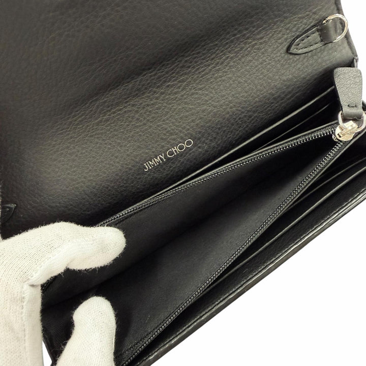 極美品◇JIMMY CHOO ジミーチュウ ラインストーン チェーンストラップ付き レザー ショルダーウォレット 長財布 ブラック 箱・保存袋付き