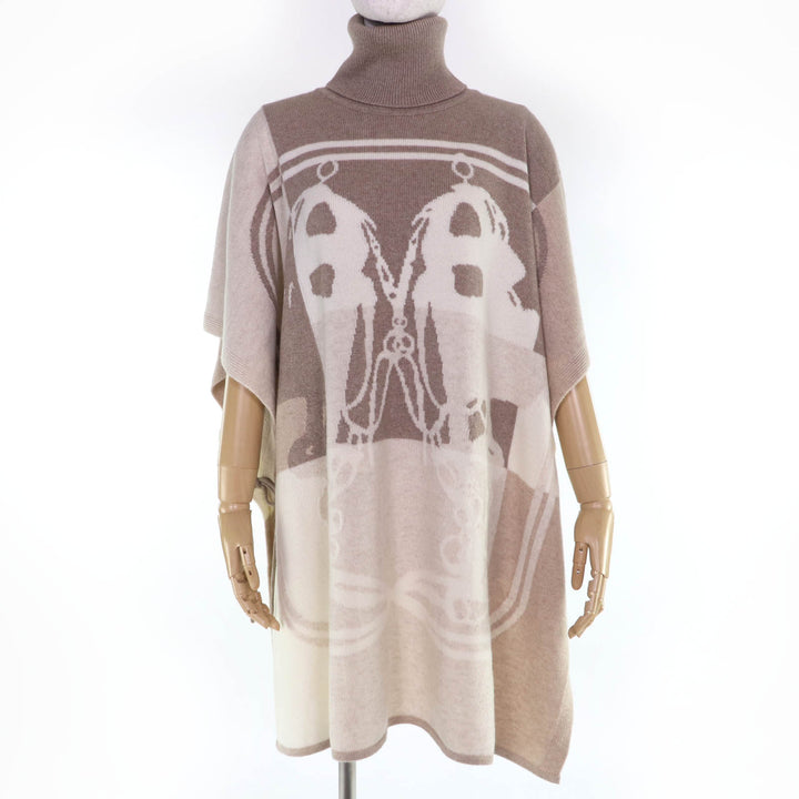 美品☆HERMES エルメス BRIDES de GALA 式典用馬勒 カシミヤ100％ ハイネック ニット 大判 ポンチョ ベージュ TU 英国製 レディース