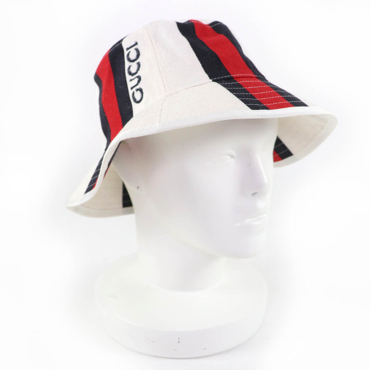 未使用品☆GUCCI グッチ 788561 コットン100％ ウェブライン ロゴ バケット ハット ホワイト系 S 保存袋付 イタリア製 正規品 レディース