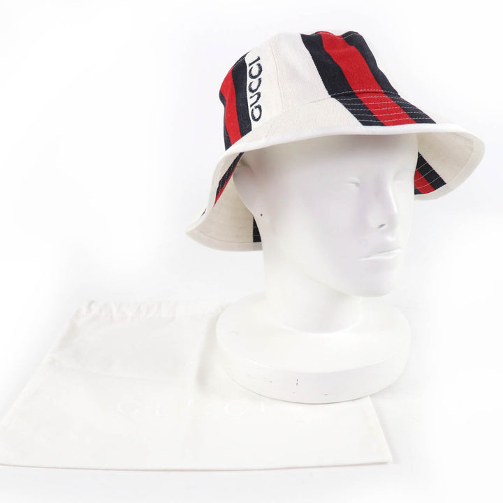 未使用品☆GUCCI グッチ 788561 コットン100％ ウェブライン ロゴ バケット ハット ホワイト系 S 保存袋付 イタリア製 正規品 レディース