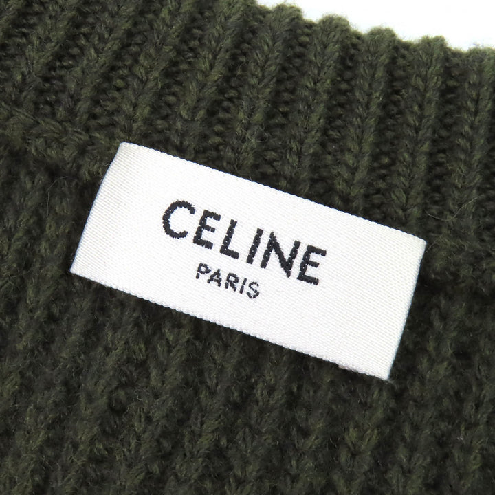 美品△CELINE セリーヌ 2AB97650S ウール100％ レオパード フロントロゴ クルーネック オーバーサイズ 長袖 ニット カーキ S 正規品