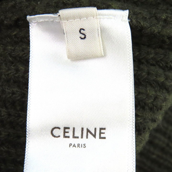 美品△CELINE セリーヌ 2AB97650S ウール100％ レオパード フロントロゴ クルーネック オーバーサイズ 長袖 ニット カーキ S 正規品