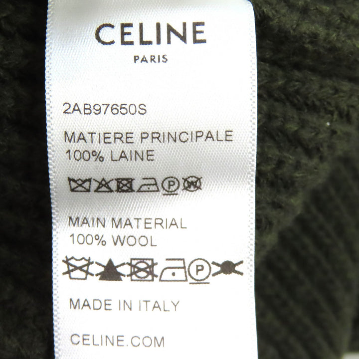 美品△CELINE セリーヌ 2AB97650S ウール100％ レオパード フロントロゴ クルーネック オーバーサイズ 長袖 ニット カーキ S 正規品