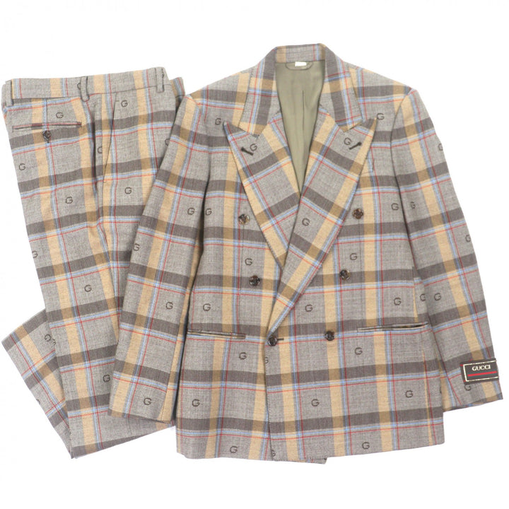 極美品▼GUCCI グッチ 675837/680704 ウール100% Gロゴ柄 チェック柄 ダブルスーツ セットアップ ブラウン 46/48 伊製 正規品 メンズ