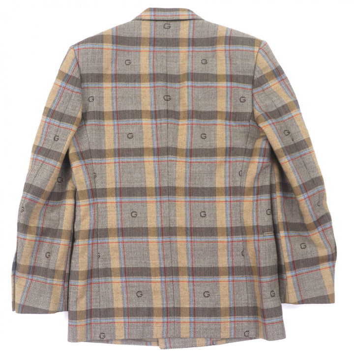 極美品▼GUCCI グッチ 675837/680704 ウール100% Gロゴ柄 チェック柄 ダブルスーツ セットアップ ブラウン 46/48 伊製 正規品 メンズ
