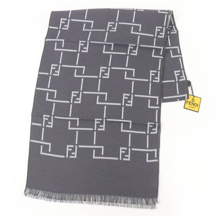 未使用品☆FENDI フェンディ ウール アンゴラ混 FF柄 フリンジ付 ストール マフラー グレー 箱付き イタリア製 レディース