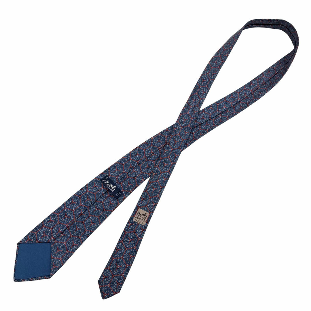 美品▼HERMES エルメス シルク100% クラヴァット 総柄 ネクタイ ネイビー レッド フランス製 メンズ ビジネスオススメ◎