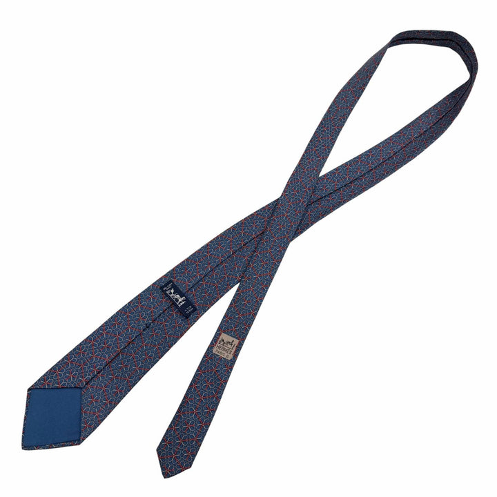 美品▼HERMES エルメス シルク100% クラヴァット 総柄 ネクタイ ネイビー レッド フランス製 メンズ ビジネスオススメ◎