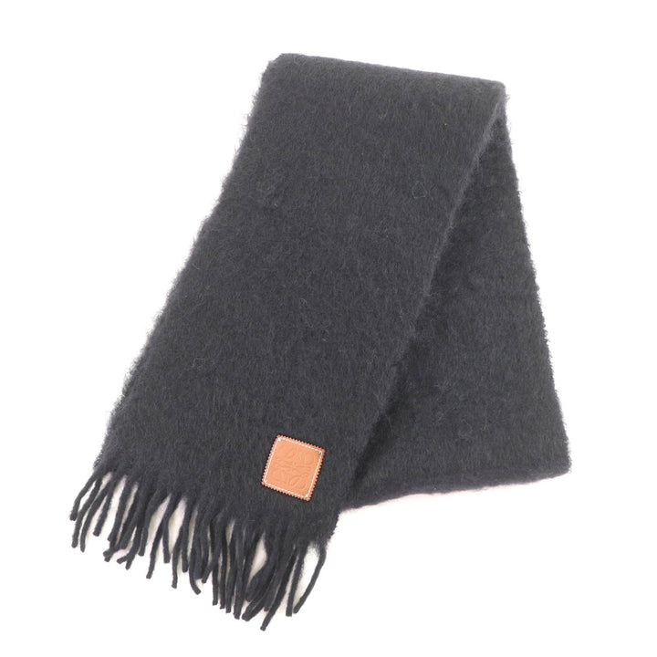 極美品★LOEWE ロエベ F811257X01 モヘア ウール混 レザーアナグラムパッチ付 フリンジ マフラー ブラック 23×185 スペイン製 正規品