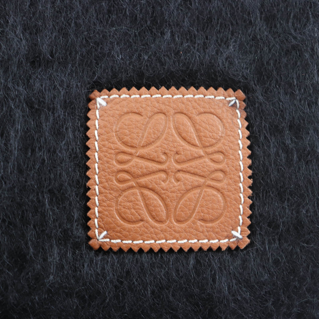 極美品★LOEWE ロエベ F811257X01 モヘア ウール混 レザーアナグラムパッチ付 フリンジ マフラー ブラック 23×185 スペイン製 正規品