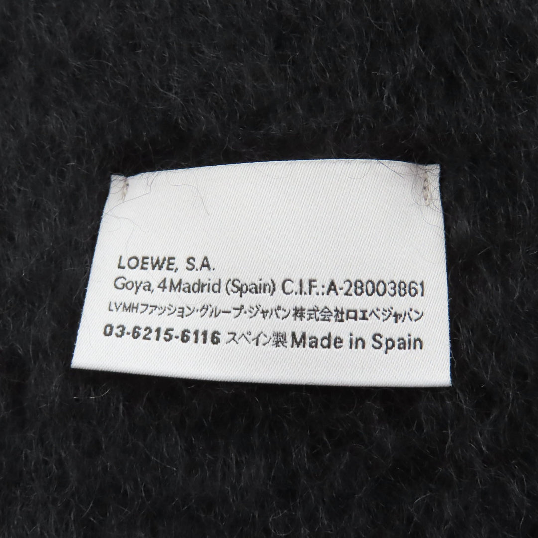 極美品★LOEWE ロエベ F811257X01 モヘア ウール混 レザーアナグラムパッチ付 フリンジ マフラー ブラック 23×185 スペイン製 正規品