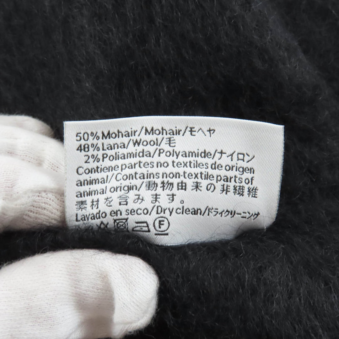 極美品★LOEWE ロエベ F811257X01 モヘア ウール混 レザーアナグラムパッチ付 フリンジ マフラー ブラック 23×185 スペイン製 正規品