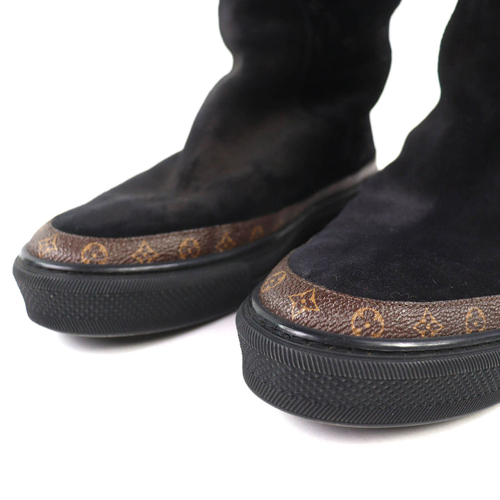 美品△LOUIS VUITTON ルイヴィトン スノーボール・ライン モノグラム ムートンブーツ ロングブーツ ブラック 38.5 伊製 レディース