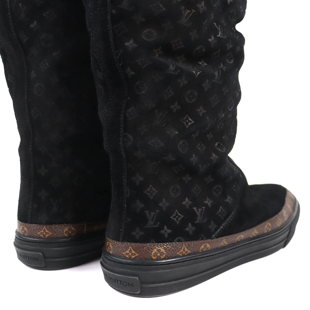 美品△LOUIS VUITTON ルイヴィトン スノーボール・ライン モノグラム ムートンブーツ ロングブーツ ブラック 38.5 伊製 レディース