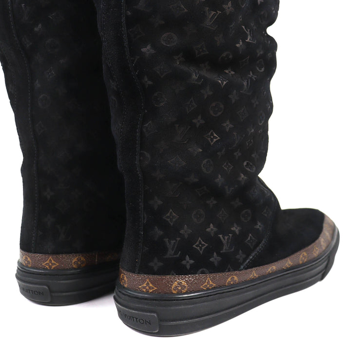 美品△LOUIS VUITTON ルイヴィトン スノーボール・ライン モノグラム ムートンブーツ ロングブーツ ブラック 38.5 伊製 レディース
