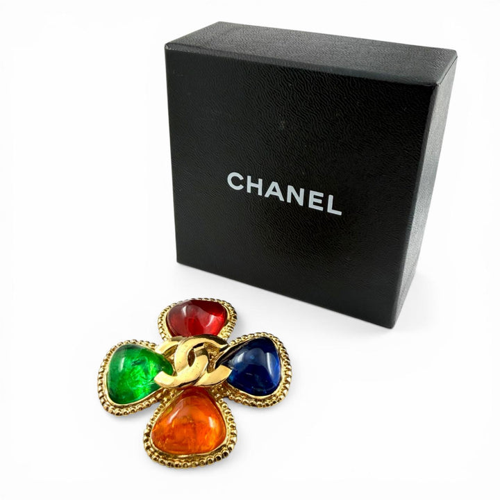 極美品◇CHANEL シャネル ヴィンテージ 96A ココマーク グリポア フラワー ブローチ マルチ ゴールド金具 箱付き フランス製 レディース