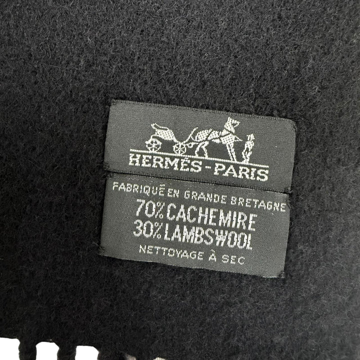 良品☆HERMES エルメス カシミヤ ウール ロゴ刺繍 フリンジ付き 超大判 ストール マフラー ブランケット ショール ブラック レディース