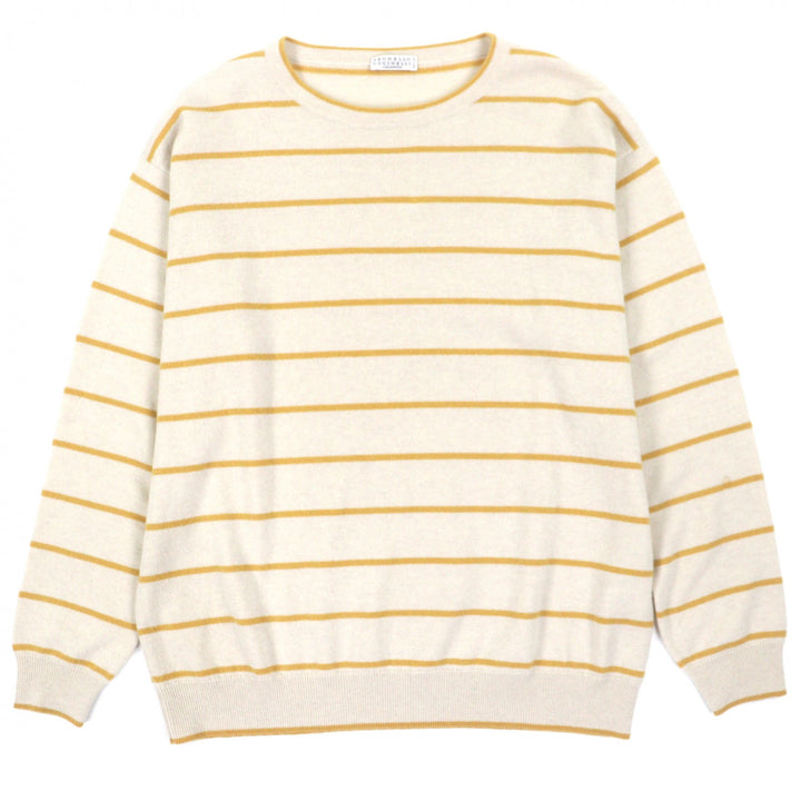 美品▼Brunello Cucinelli ブルネロクチネリ バージンウール カシミヤ シルク ボーダー柄 クルーネック プルオーバー ニットセーター M
