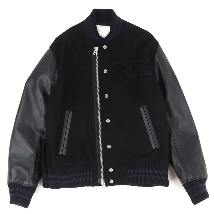 極美品△sacai MADSAKI サカイ マサキ WOOL MELTON BLOUSON 袖レザー スローガン ウールメルトン ブルゾン ボンバージャケット 4 正規品