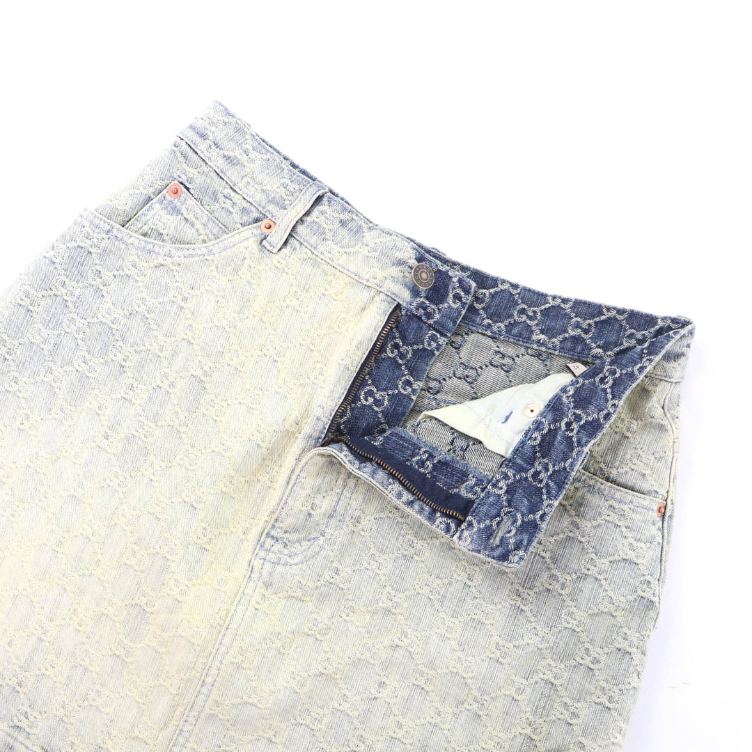 極美品★GUCCI グッチ 678789 コットン100％ ロゴボタン付 GG柄 台形 デニム スカート インディゴ 42 イタリア製 正規品 レディース