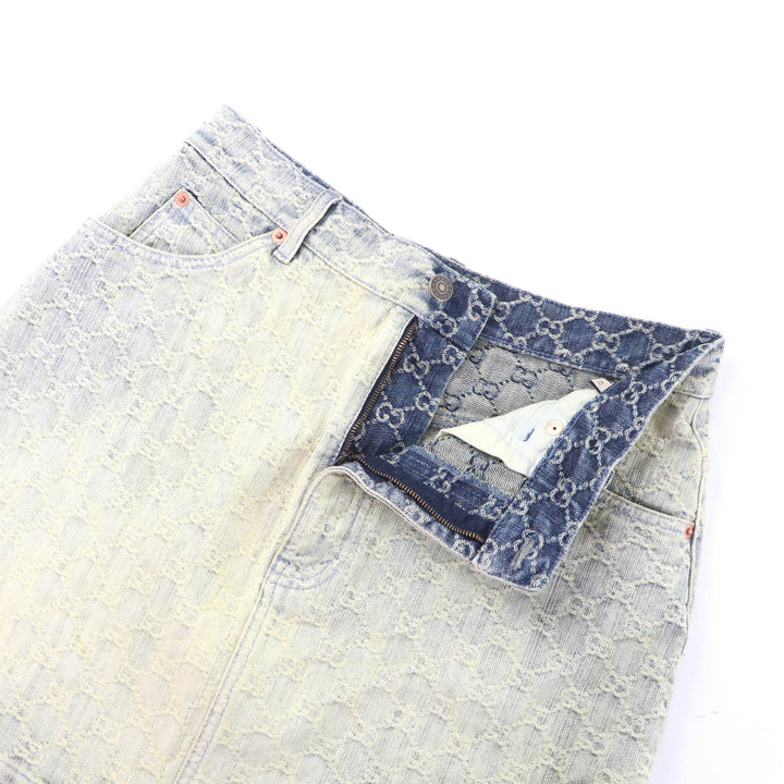 極美品★GUCCI グッチ 678789 コットン100％ ロゴボタン付 GG柄 台形 デニム スカート インディゴ 42 イタリア製 正規品 レディース