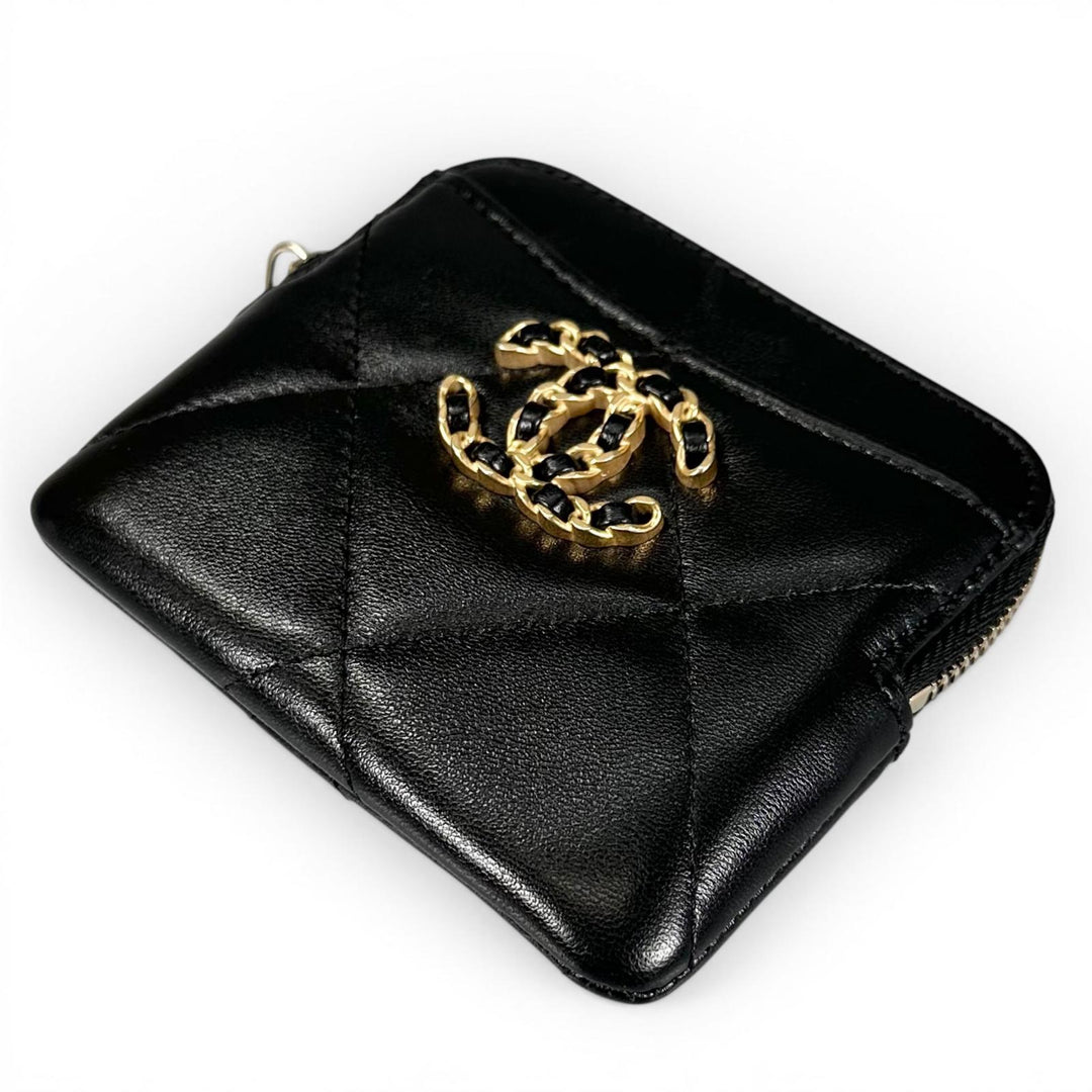 極美品▲CHANEL シャネル ラムスキン Leather コインパース ミニウォレット ランダム番 ココマーク コインケース ブラック ゴールド 伊製