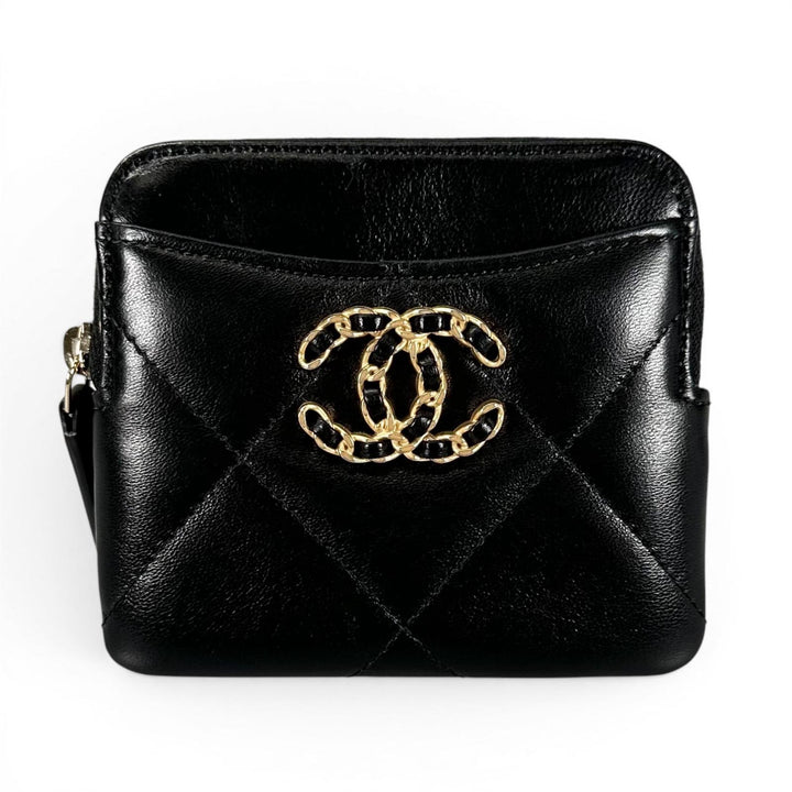 極美品▲CHANEL シャネル ラムスキン Leather コインパース ミニウォレット ランダム番 ココマーク コインケース ブラック ゴールド 伊製