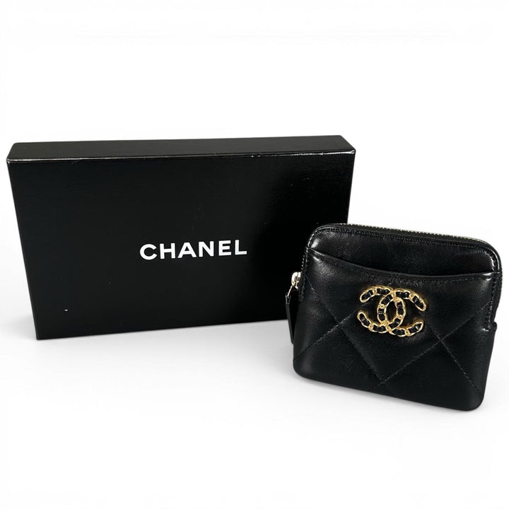 極美品▲CHANEL シャネル ラムスキン Leather コインパース ミニウォレット ランダム番 ココマーク コインケース ブラック ゴールド 伊製