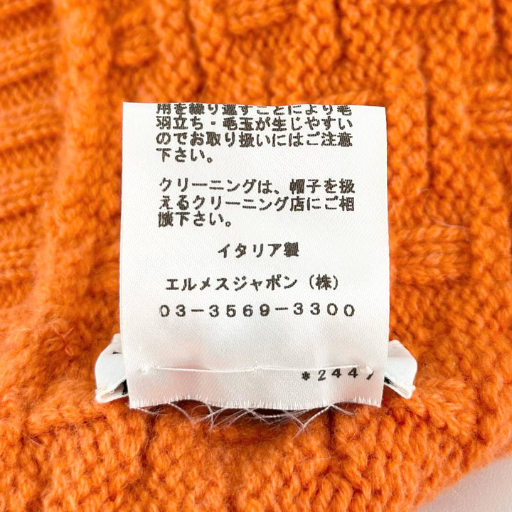 極美品▲HERMES エルメス カシミヤ100％ Hロゴ編み ビーニー ニットキャップ オレンジ M イタリア製 正規品 レディース メンズ