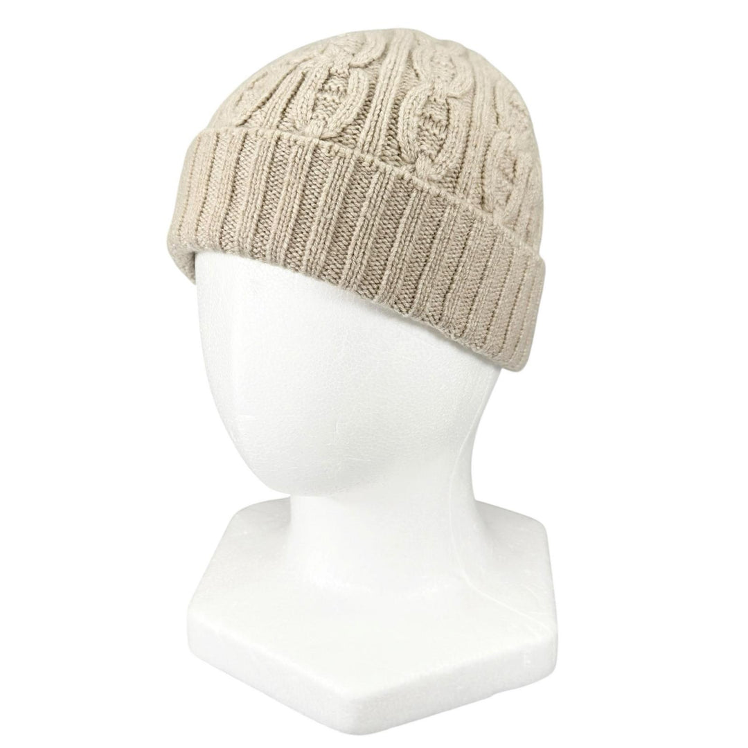 極美品▲HERMES エルメス カシミヤ100％ シェーヌダンクル ケーブル編み ニットキャップ 帽子 ベージュ M イタリア製 レディース