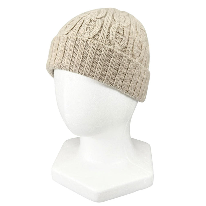 極美品▲HERMES エルメス カシミヤ100％ シェーヌダンクル ケーブル編み ニットキャップ 帽子 ベージュ M イタリア製 レディース