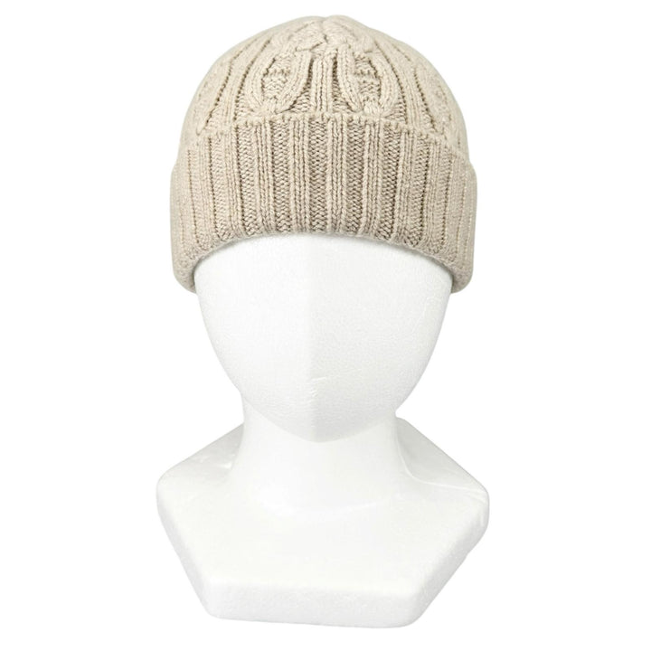 極美品▲HERMES エルメス カシミヤ100％ シェーヌダンクル ケーブル編み ニットキャップ 帽子 ベージュ M イタリア製 レディース