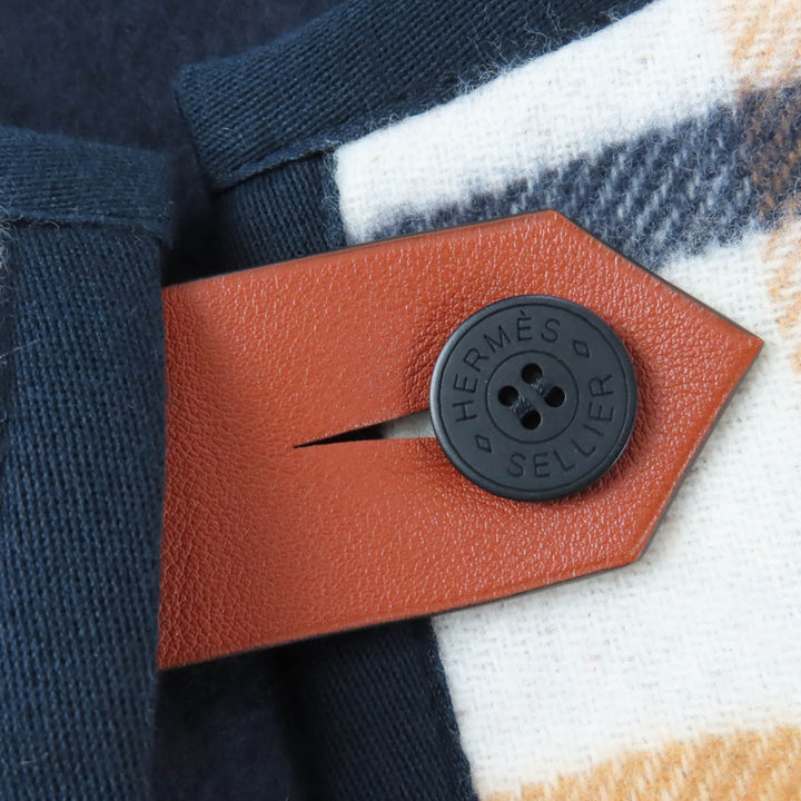 未使用品☆HERMES エルメス ウール カシミヤ チェック柄 レザー使い 大判 ケープコート ポンチョ マルチ フランス製 正規品 レディース