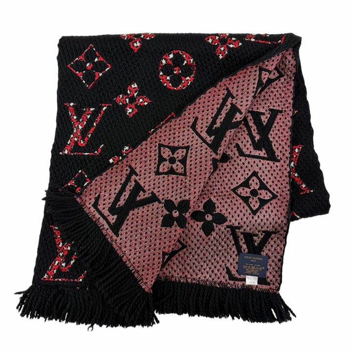 美品☆LOUIS VUITTON ルイヴィトン 2020年製 M76345 エシャルプ ジャイアントモノグラム ジャングル ウール シルク マフラー 黒 正規品