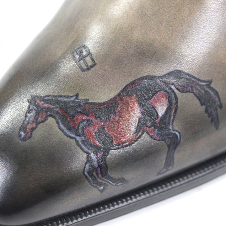 極美品▼Berluti ベルルッティ アレッサンドロ タトゥー 馬 午 プレーントゥ レースアップ レザーシューズ グレー 5.5 (24-24.5) メンズ