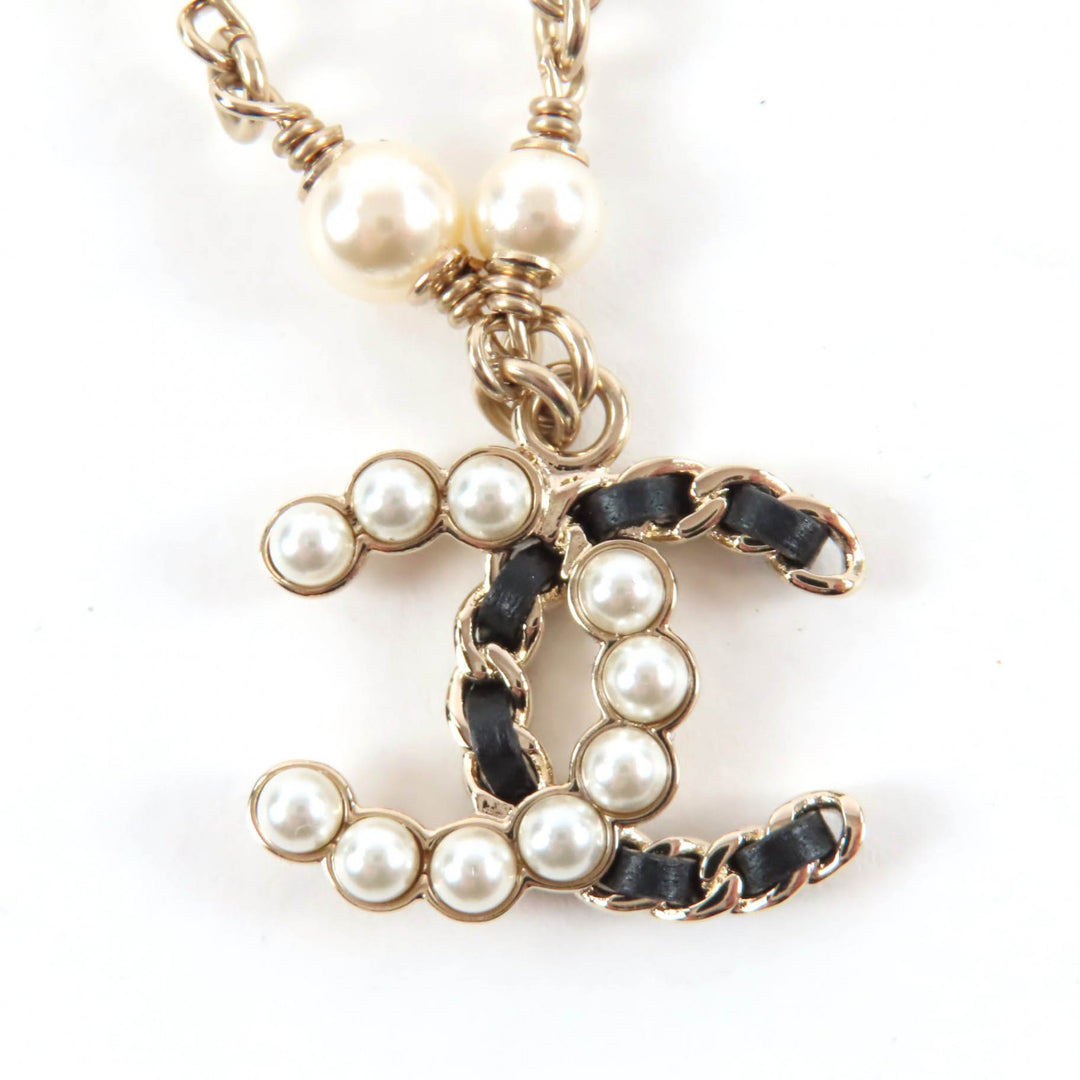 極美品★CHANEL シャネル B25K ココマーク フェイクパール レザー使い ネックレス ゴールド ホワイト 箱・保存袋付き イタリア製
