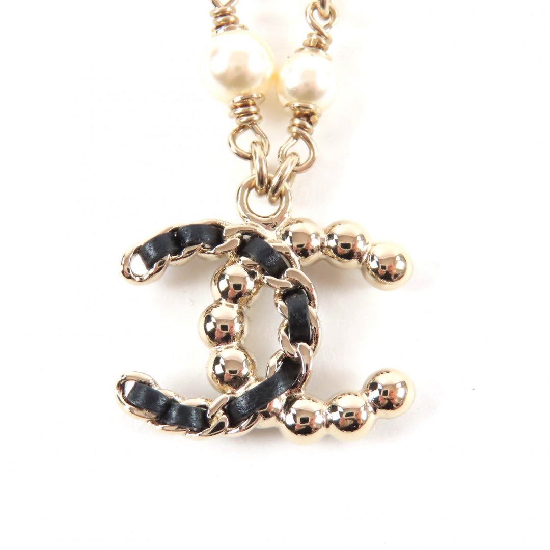 極美品★CHANEL シャネル B25K ココマーク フェイクパール レザー使い ネックレス ゴールド ホワイト 箱・保存袋付き イタリア製