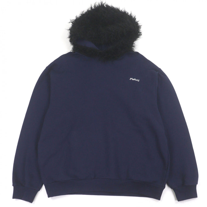 極美品□MARNI マルニ 22AW FUMU0067XQ ロゴ刺繍 フェイクファーフーデッド プルオーバーパーカー フーディー ネイビー 46 正規品 メンズ