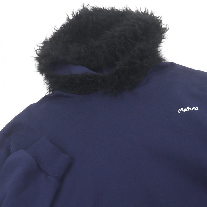 極美品□MARNI マルニ 22AW FUMU0067XQ ロゴ刺繍 フェイクファーフーデッド プルオーバーパーカー フーディー ネイビー 46 正規品 メンズ