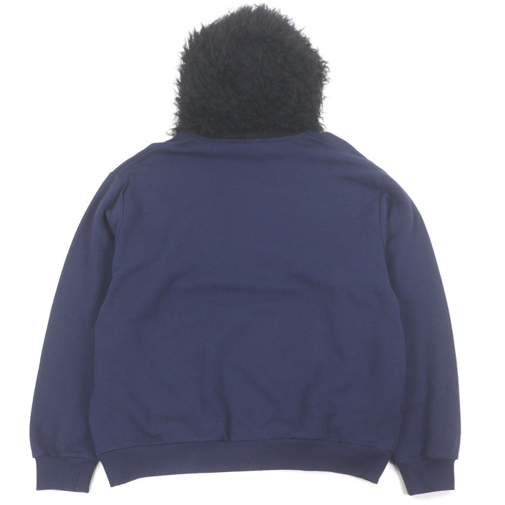 極美品□MARNI マルニ 22AW FUMU0067XQ ロゴ刺繍 フェイクファーフーデッド プルオーバーパーカー フーディー ネイビー 46 正規品 メンズ